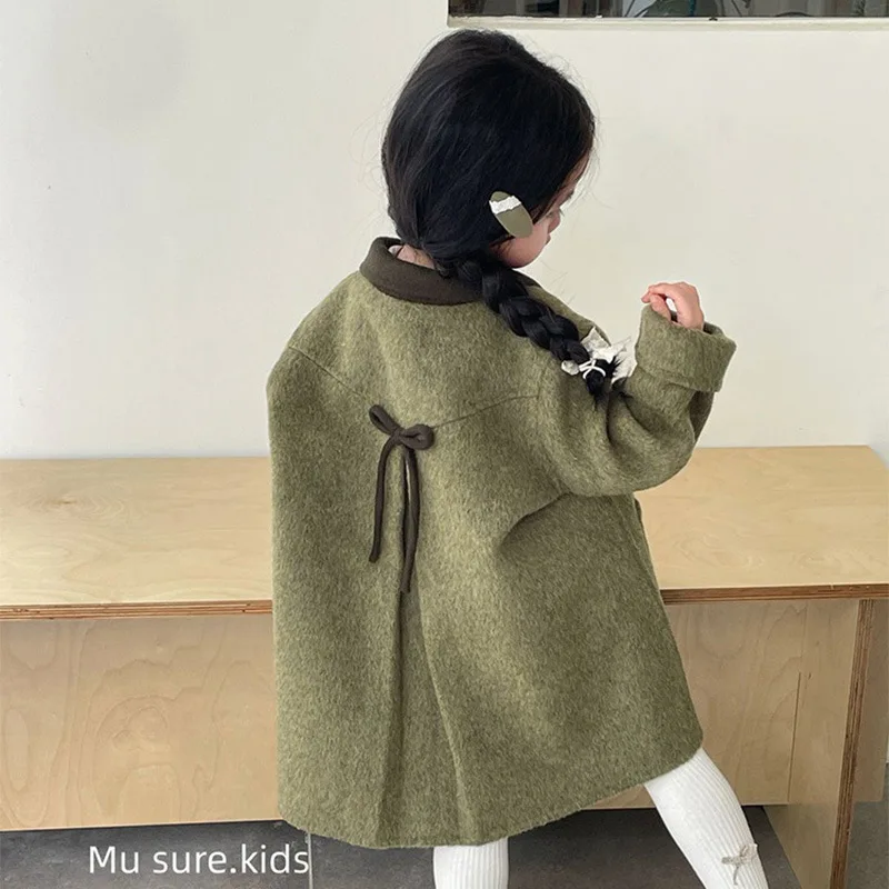 Korean version of children's autumn  winter new retro green lapel bow coat for baby girls long woolen coat tide 90-140cm