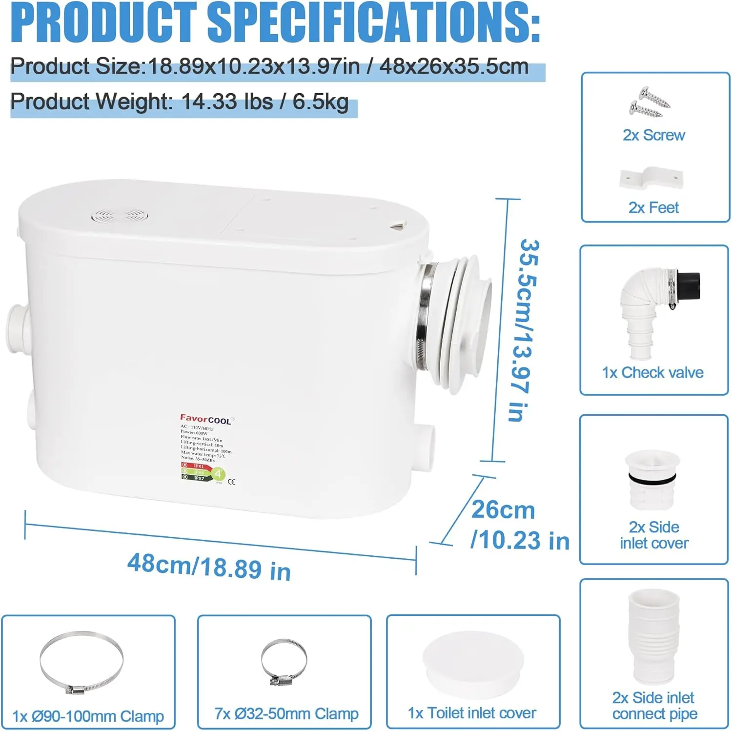 Sink Sewerage Pump 600W Macerating Wall-hung Toilet Pump Upflush, Macerator Sewerage Sump Pump With 3 Water Inlets