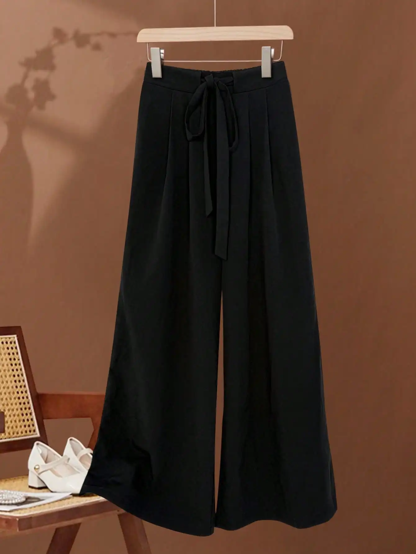 Women Wide Leg Pants 100% Polyester High Waist Loose Long Trousers Summer 2026 Woven Casual with Drawstring Side Pockets