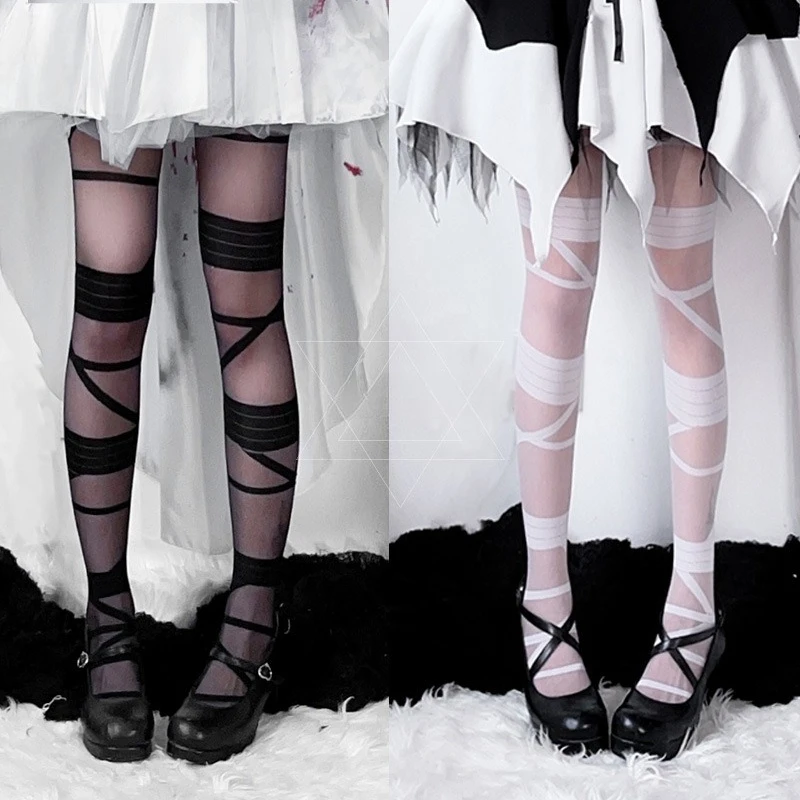 

European and American Halloween Dark Goth Stockings White Knee High Socks Black Sweet Cool Spicy Girl Sexy Versatile Long Tube