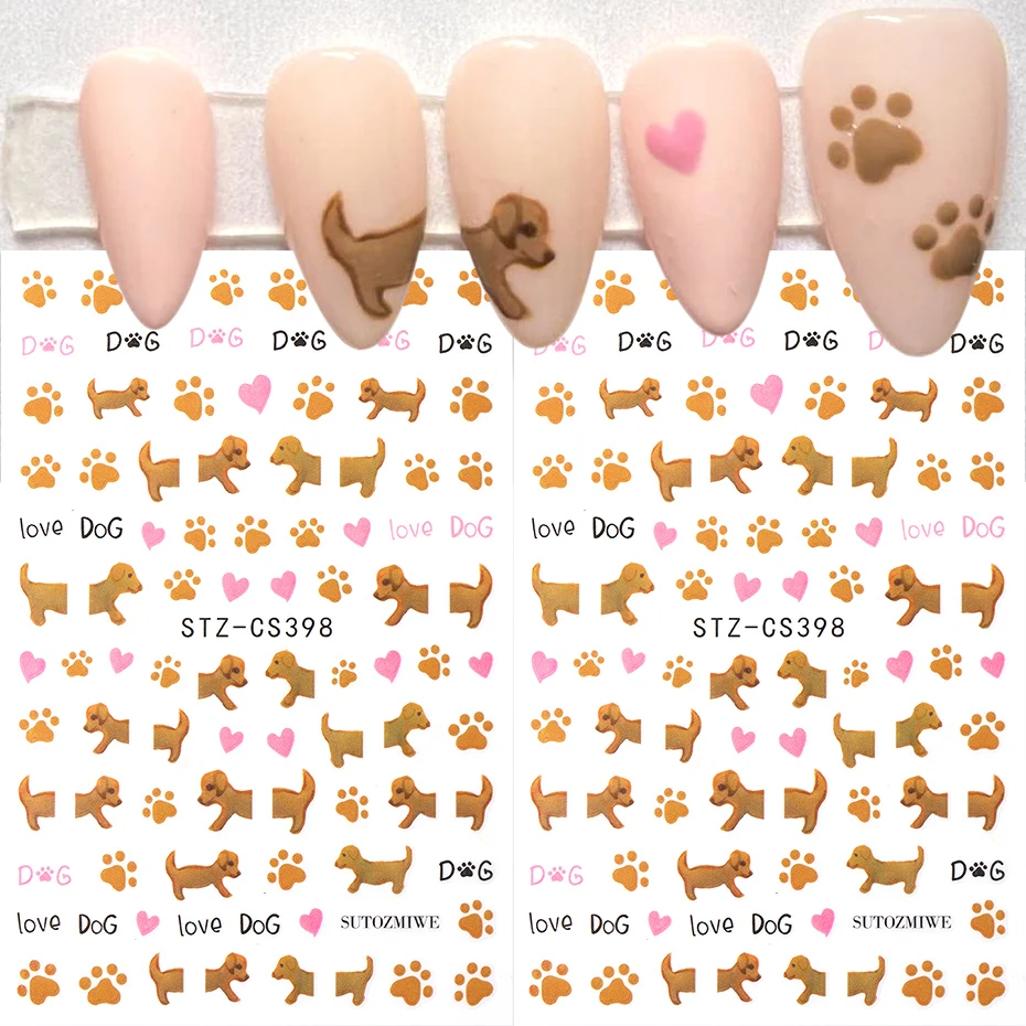 Dog Paw Pink Heart Nail Art Stickers Cartoon Puppy Lovely Dog Letter Cute Nail Decals Self-Adhesive Sliders DIY Nail Supplies