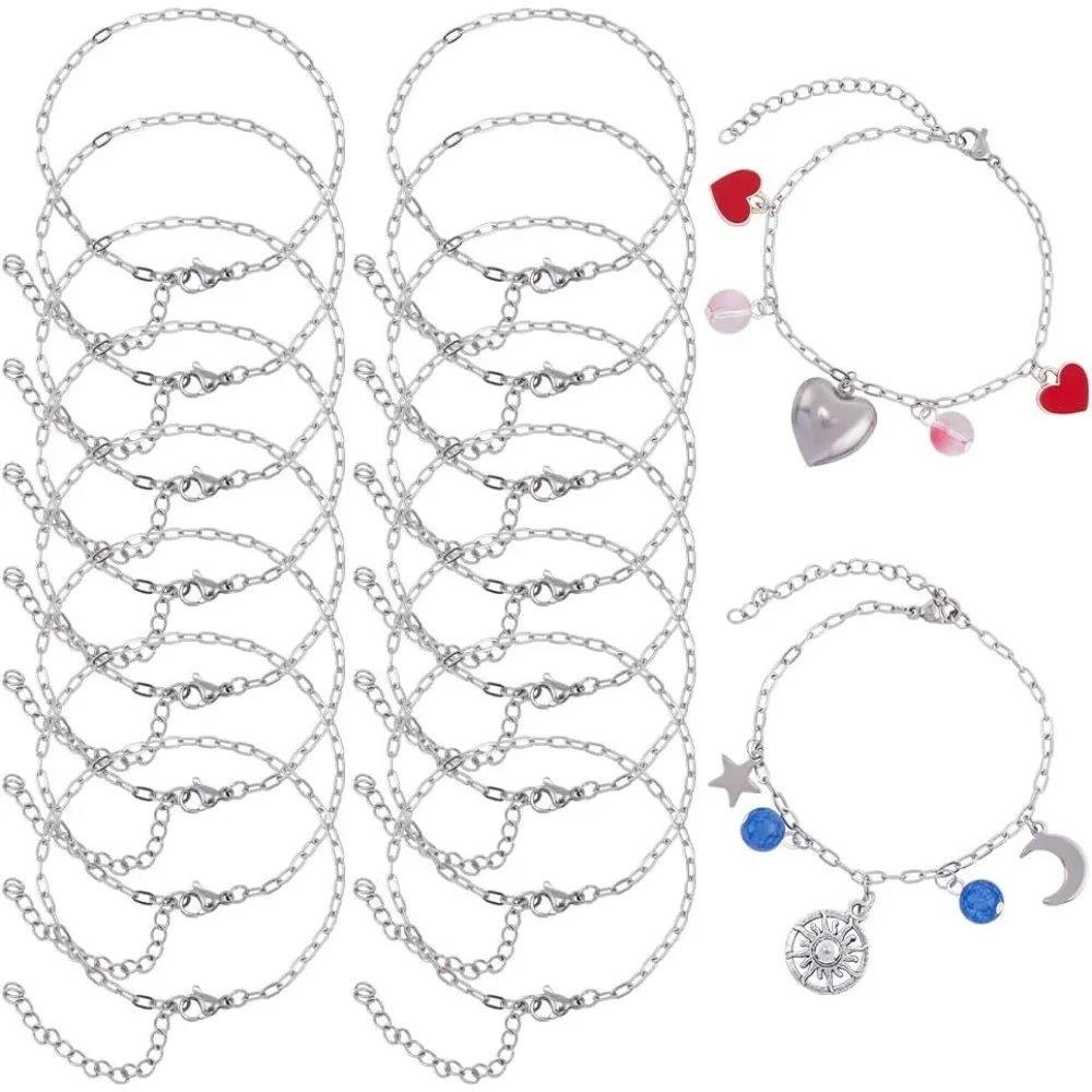 

18Pcs Chain Bracelet Bulk Charm Bracelet Chains Stainless Steel Cable Chain Link with Lobster Claw Clasp Extension Chain