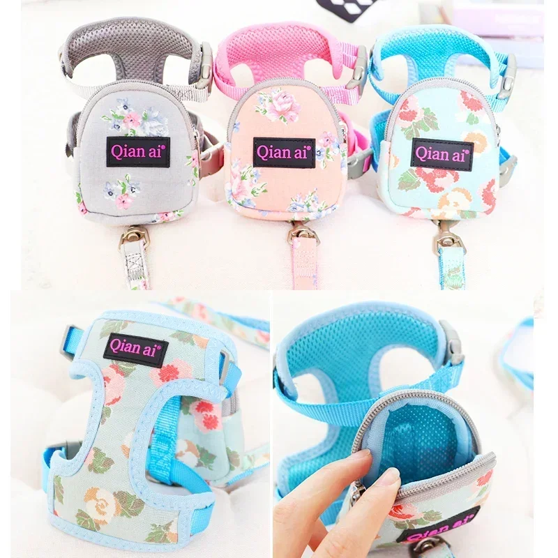 Floral Luxury Dog Harness Backpack With Leash Set Pet Cat Small Animal Collar With Little Purse School Bag Carrier Lead Products