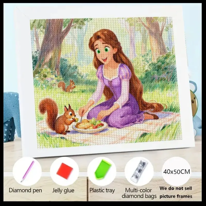 

1PC 5D DIY Diamond Painting Kit, Full Drill Cartoon Princess with Long Hair & Squirrels Picnic Scene, Large 40x50CM Crystal Gem