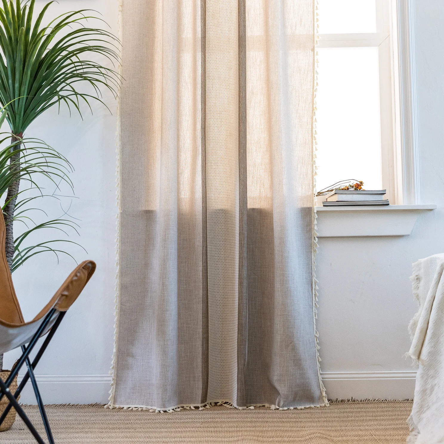 

American Sle Semi-Privacy Geometric Stripe Curtain Rod-Piercing Living Room Kitchen Window Treaent Cotton Polyester Fabric