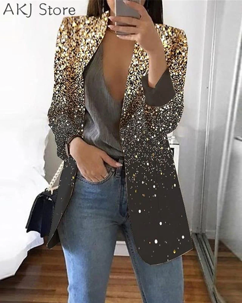 Women Casual Blazer Coats Print Long Sleeve Blazer