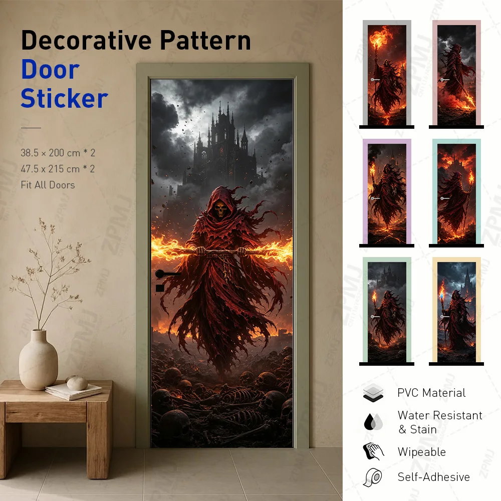 Fiery Reaper Door Decal, Fire Staff & Dark Castle Scene, PVC Self-Adhesive Waterproof Wipeable Sticker for Halloween Home Decor