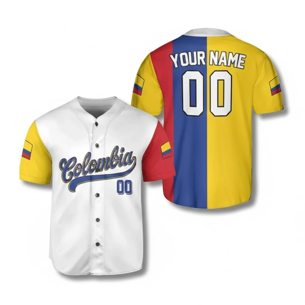 Camisa de beisebol personalizada da Colômbia, camisa colombiana com nome e número personalizados, camisa com botões, camisa do orgulho latino