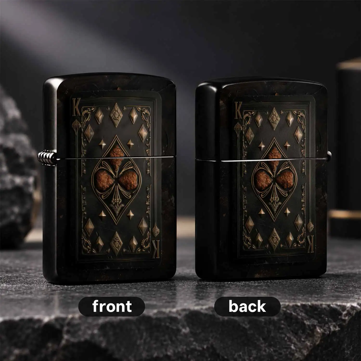 Vintage Printing BLACK Bronze King of Diamonds Playing Card Lighter Premium Aged Sturdy Body Durable Ignition DEVICE Niche Collectible Mens PORTABLE Lighter Creative BOARD Game Themed Accessory for Gifting Daily Use A Fun and Humorous Lig