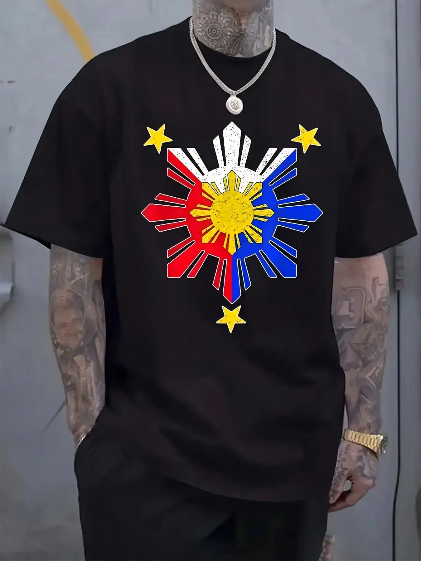 

Men'S Patriotic Philippine Flag Print T-Shirt - White Casual Short Sleeve Tee with Colorful Sunburst Design Regular Fit