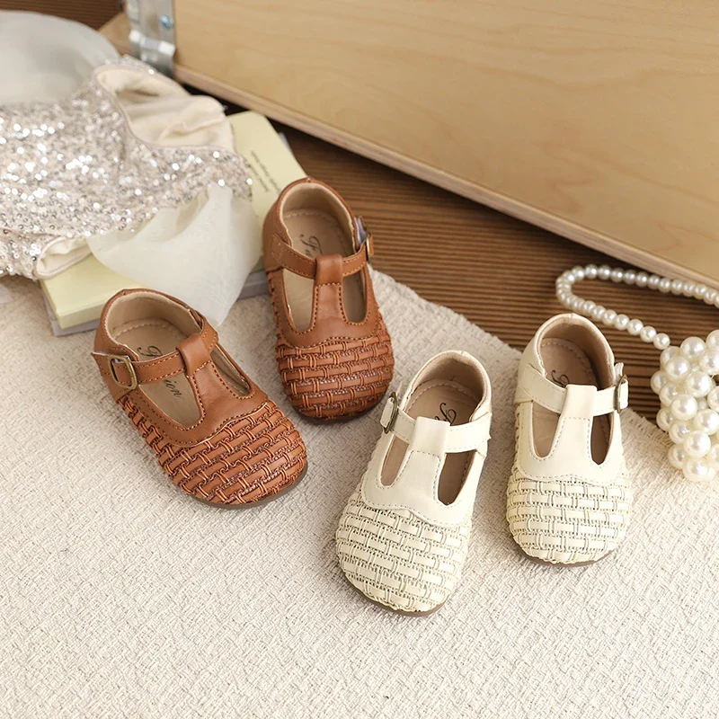 

Kids Girl Sandals Woven 2026 Summer Shoes Soft Sole Cute Baby Fashion Casual Beach Footwear New Princes Beige Brown