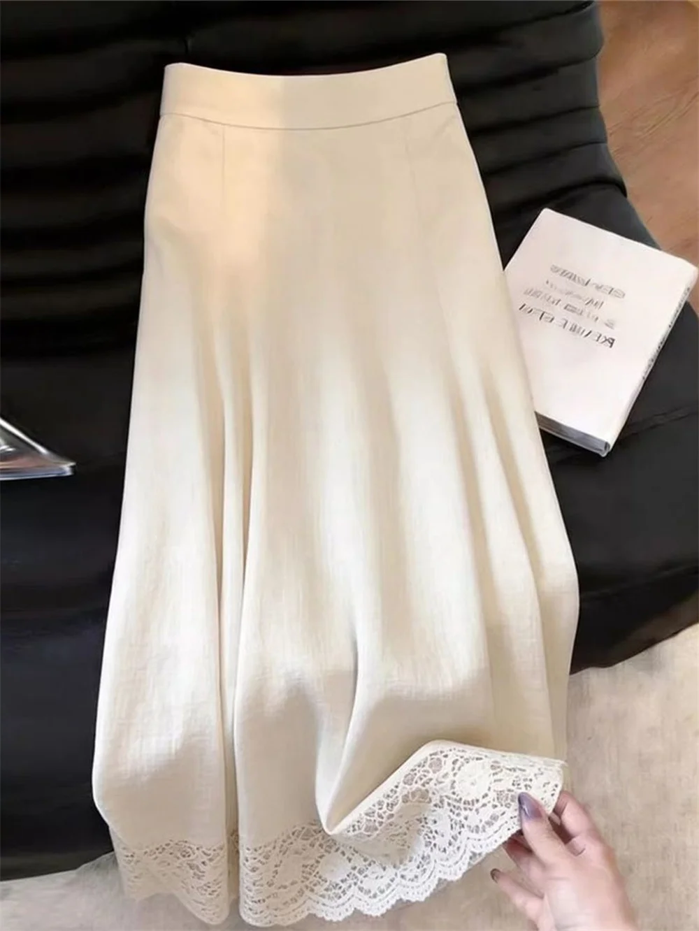 

French Elegant Linen Lace Patchwork Skirt Women Spring Summer Long A-Line Skirts Office Ladies Chic Solid Color Loose Faldas