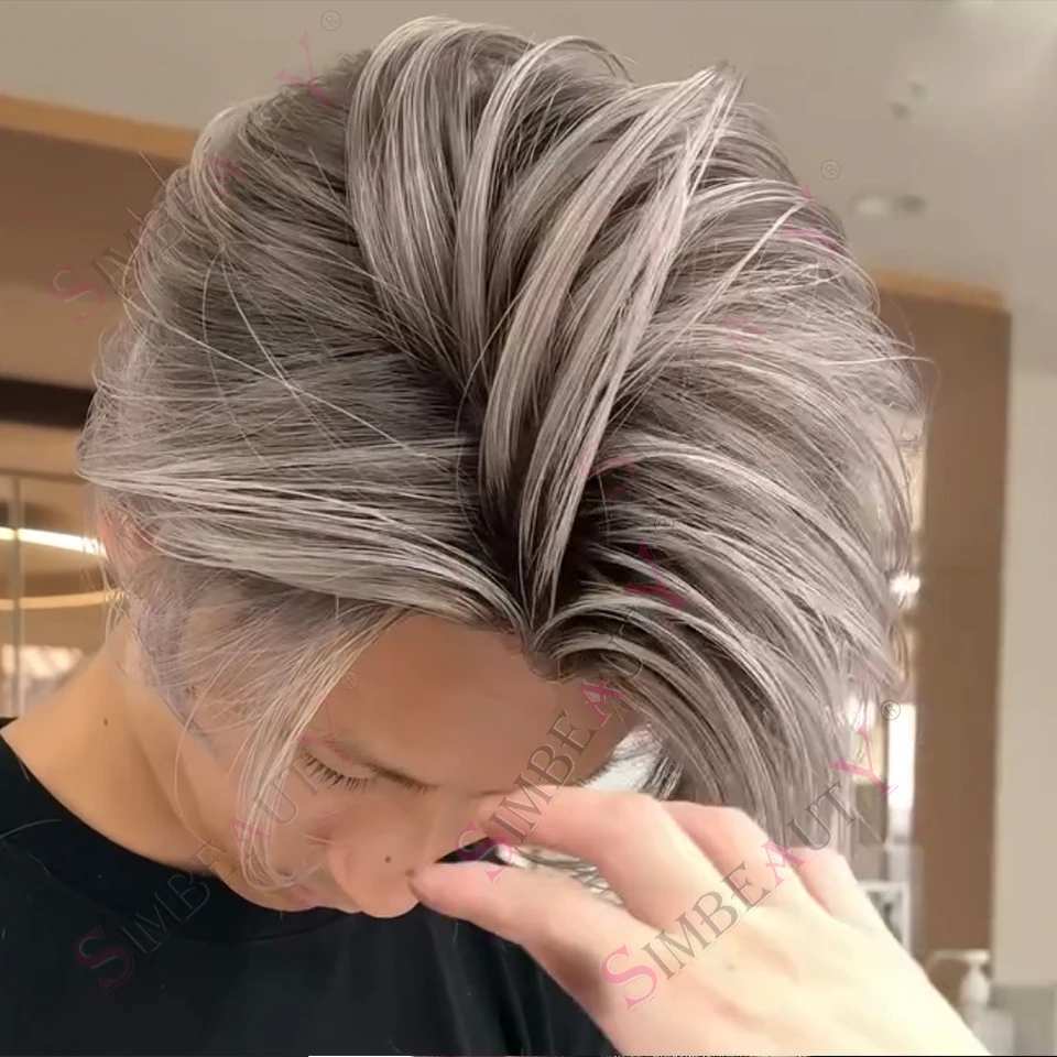 

1b50 1b80 1b65 Серый Индийский Реми 100% Человеческие Волосы Мужской Шиньон Протезы Капиллярная Тонкая Кожа PU Натуральная Линия Волос Мужской Парик Система