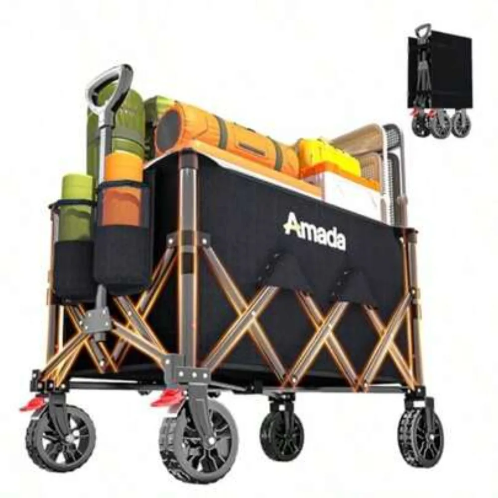 Collapsible Foldable Lightweight Utility Wagon Cart with 360 Degree Swivel Wheels, 360LBS Heavy Duty Outdoor Garden Cart, Large Capacity Storage Basket for Grocery Shopping Camping Beach Sports Picnic Tools Moving Supplies