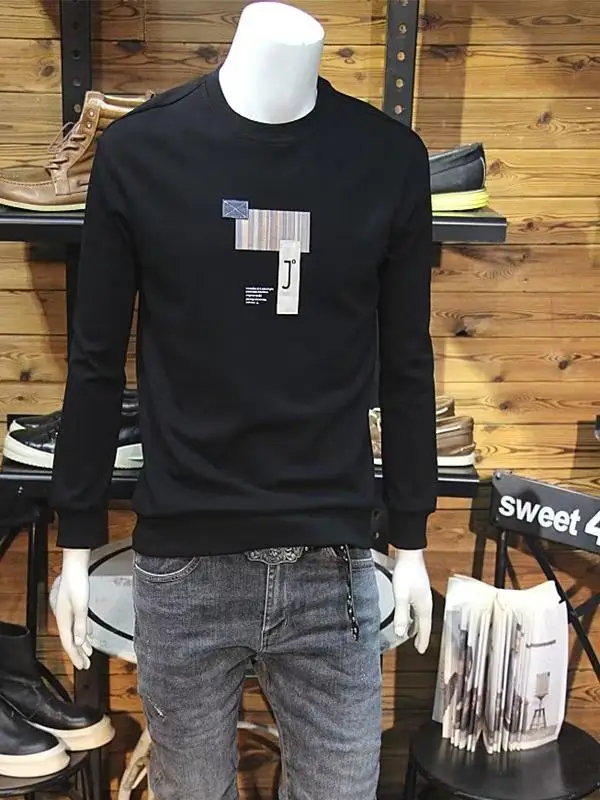 

Slim Fit Men's Printed Hoodie Long Sleeve round Neck Pullover T-Shirt Casual Versatile Autumn New Style Polyester Fiber Tee