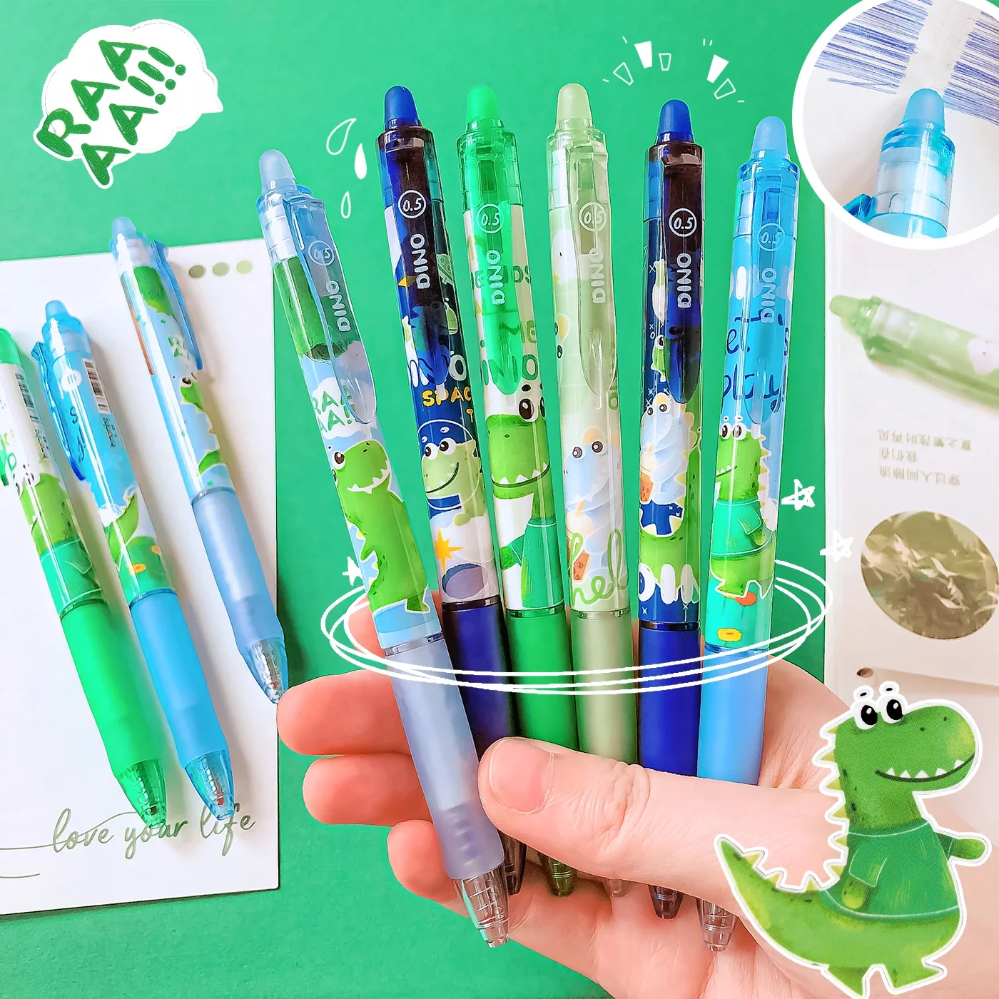 Bolígrafo de Gel borrable de tinta azul para estudiantes, bolígrafos bonitos de dinosaurios, papelería Kawaii, regalo de oficina escolar