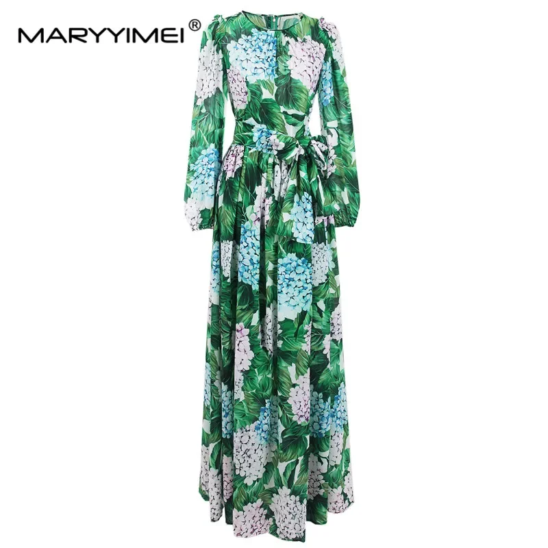 

MARYYIMEI Fashion Designer Spring Autumn Women's dress Long sleeved Green leaf Flower print Lace up Chiffon Maxi Long Dresses