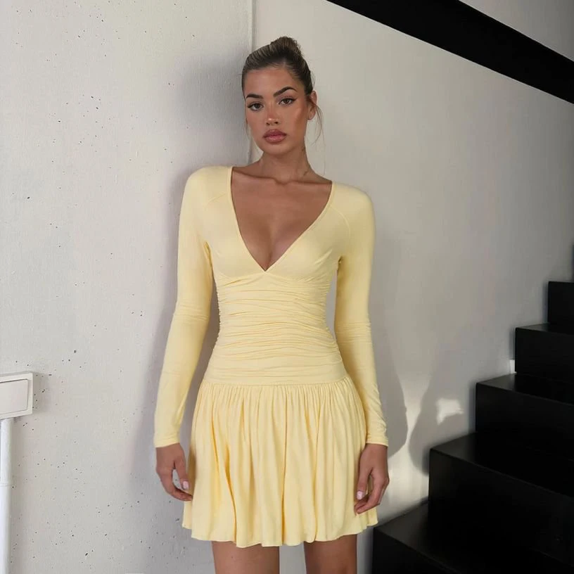 Gelb Geraffte Langarm Kurzes Kleid Neue Herbst Slim Fit V-ausschnitt EINE Linie Kleid Dame Verstido Frauen Mode Hohe Taille Party kleid