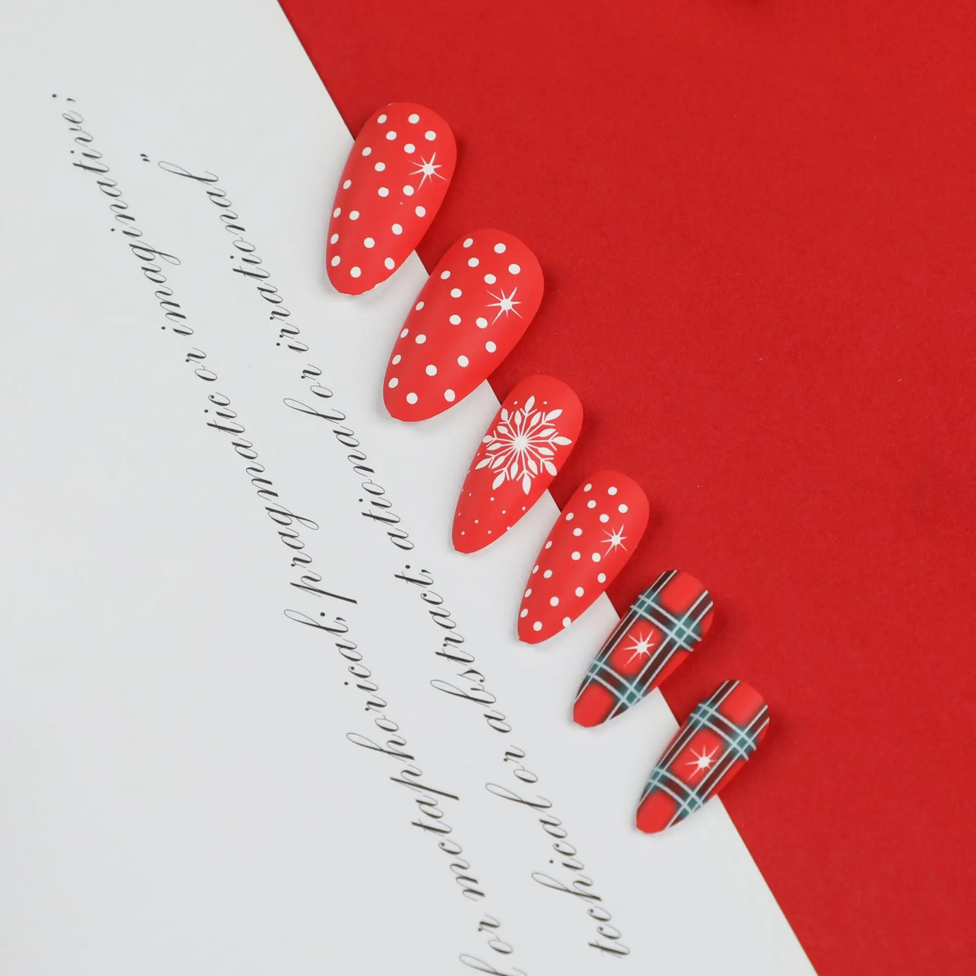 

24Pcs Long Almond Press on Nails - Christmas Design with Red Base White Polka Dots Snowflakes and Green Plaid Pattern