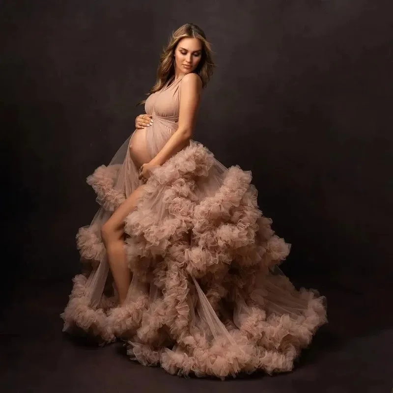 Elegant V-Neck Maternity Gown with Front Slit & Ruffles - Photoshoot & Evening Dress for Baby Showers, Pregnancy Photography