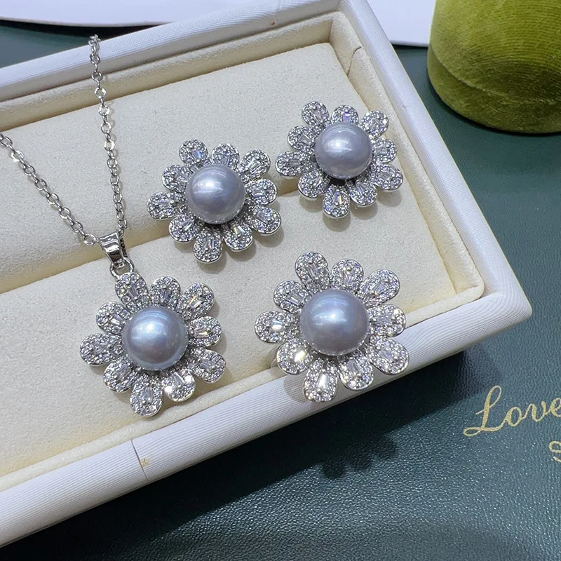 Set Freshwater Pearl Pendant Necklace Earrings Ring 8-9mm White Pink Purple Gray Sun Flower