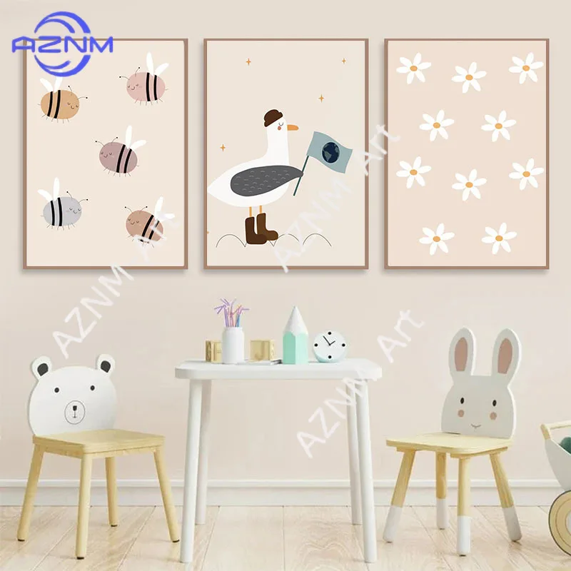 Funny Cartoon Duck Squirrel Bee Animal Beige Wall Art Canvas Painting Nursery Posters Print Picture Kawaii Baby Kids Room Decor