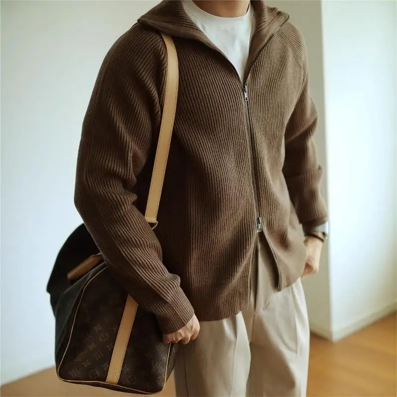 

Heavyweight Knitted Zipper Jaet for Men Lightweight Mature Anti-Ball Sweater Casual Trendy Brand Japanese Sle Long Sve