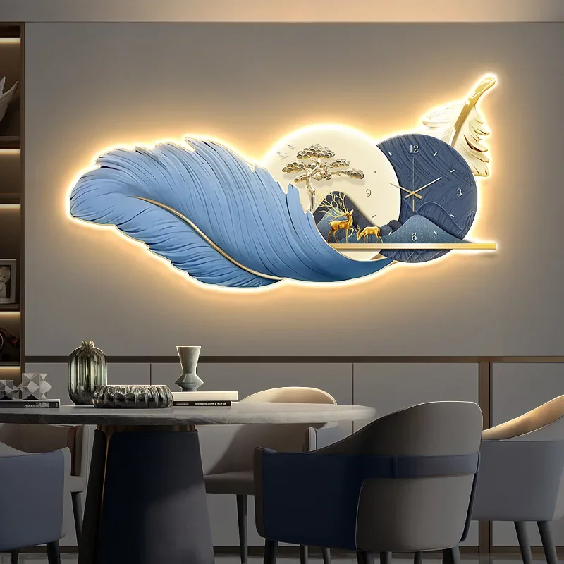 Modern Luxury Wall Clock LED Feather 3d Decorative Painting Large Wall Clock with Light Sofa Background Living Room Decoration