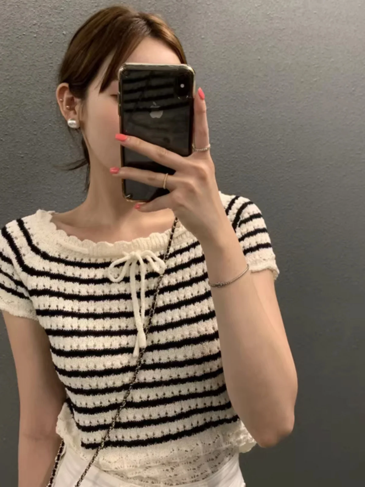 

Chic Lace Collar Hollow out ort Sve Knitted Top Women's Thin Summer Slimming Versatile ort Stripe Trendy Faion