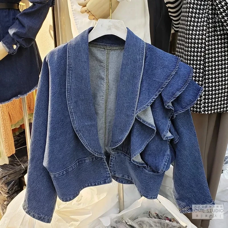 V-neck Solid Ruffled Denim Jacket Loose Korea Fashion Chic Casual Trend Women Long-sleeved Korea Autumn 2023 Short Jean Coat