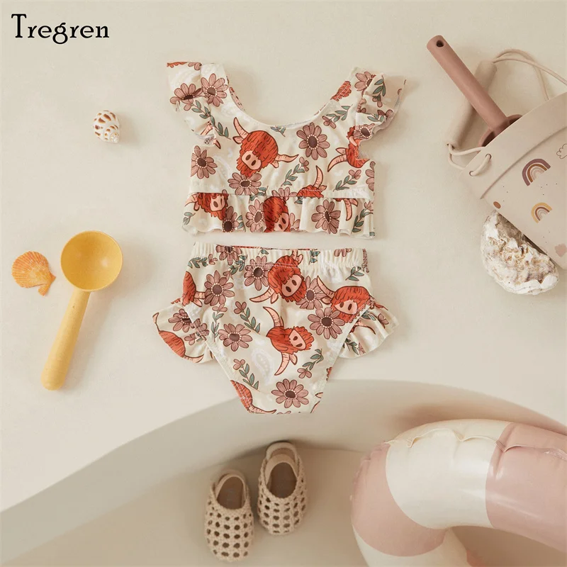 Tregren Cute Toddler Baby Girl Bikini Flower/Bull Head Print Swimsuit Ruffle Swimwear Summer Swimming Pool Hot Spring Beach Wear