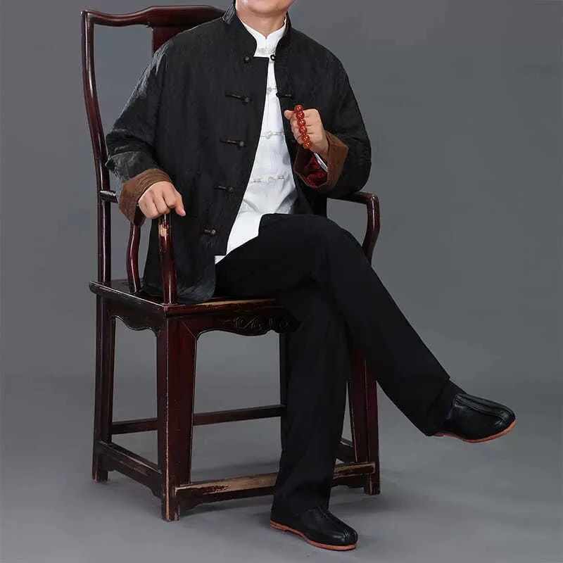 High-End  Silk Men's Tang Suit Spring Autumn Jacket Dad's Birthday Large Size Casual Floral Print Iron-Free Processing