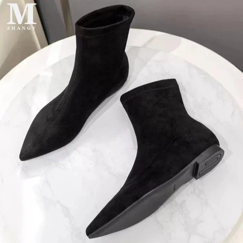 

Pointed Toe Women Snow Ankle Boots Suede Flats Fashion Shoes Designer Chelsea Boots Trend New Goth Botas De Mujer