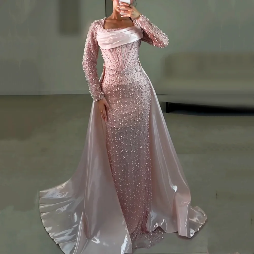 Maßgeschneidertes Luxus-Abendkleid mit Langen Ärmeln für Bankette Funkelnde Perlenverzierung Trompetenförmiges Langes Kleid Exquisites Partykleid Hohe Qualität