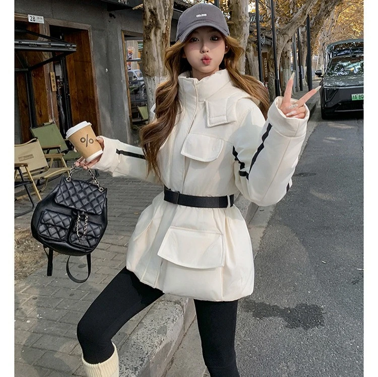 

Women's Elegant Drawstring Waist Hooded Cotton Jacket 2025 Winter Fashion Color-Block Slim-Fit Thickened Mid-Length Cotton Coat