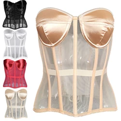 Sheer Bustier Lace Up Espartilho para as Mulheres, Top Sexy, Desossado cintura Trainer, Espartilhos Overbust, Shaper do corpo