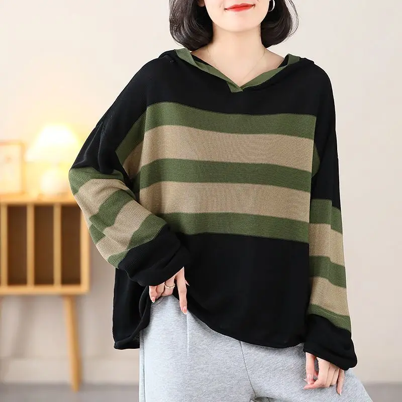 

Oversized Hooded Sweaters Women's Loose Korean Style Knitted Hoodies 2025 Autumn Winter Trendy Sweater Fashion Stripe Casual Top
