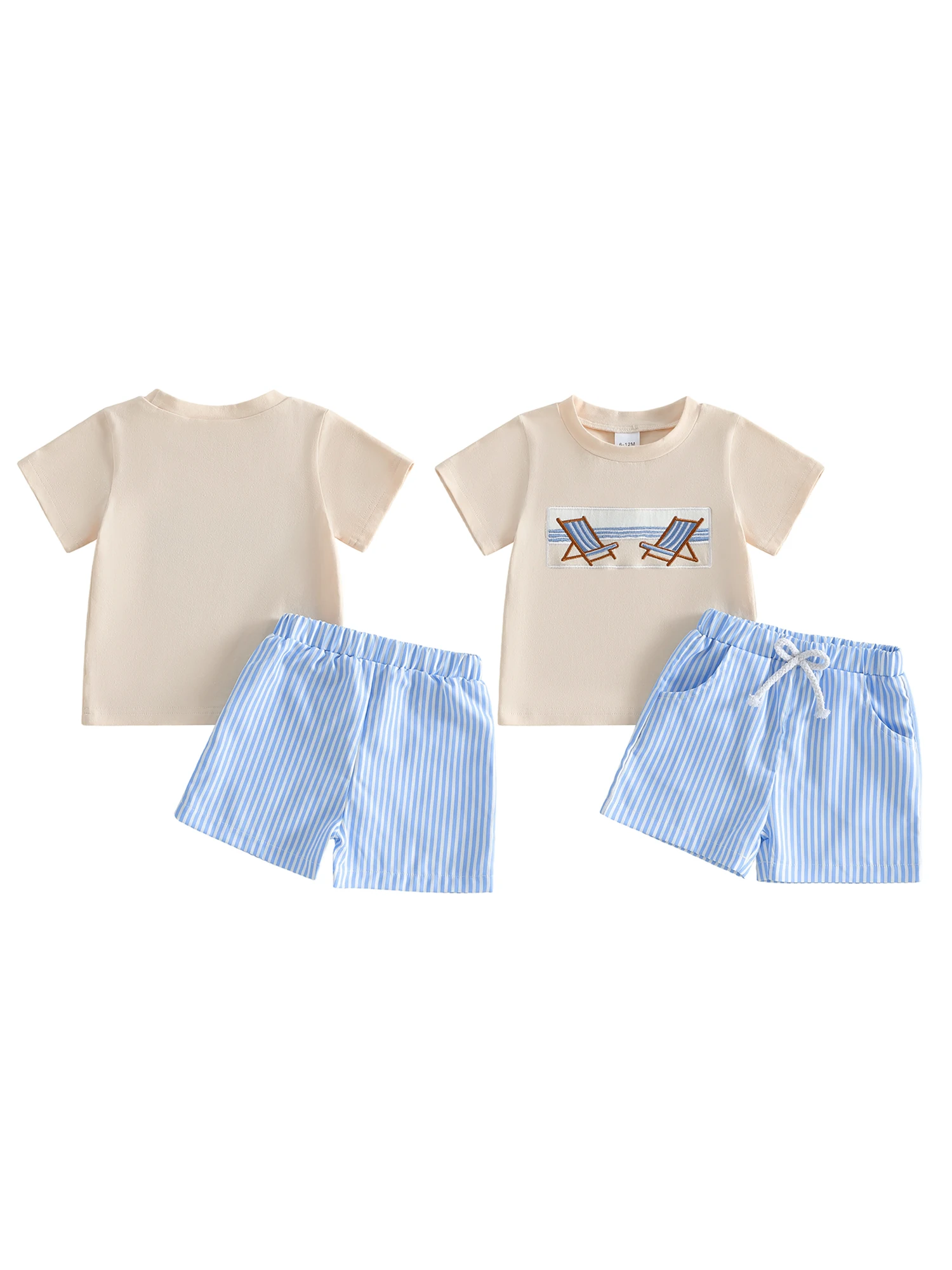 Adorable conjunto de camiseta con cuello redondo y pantalones cortos a rayas para niño, inspirado en la playa, para un look elegante de verano