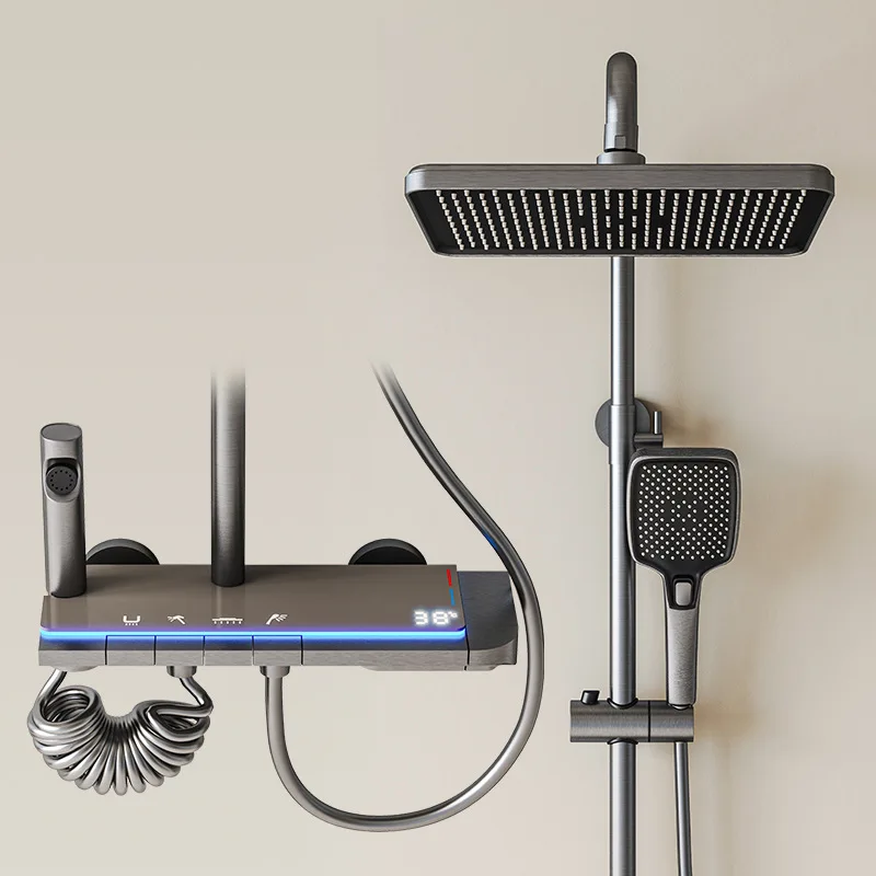 Cream Bathroom Shower System Set Intelligent Digital Display  Shower Ambient Light Effect Hotel Home Shower Set