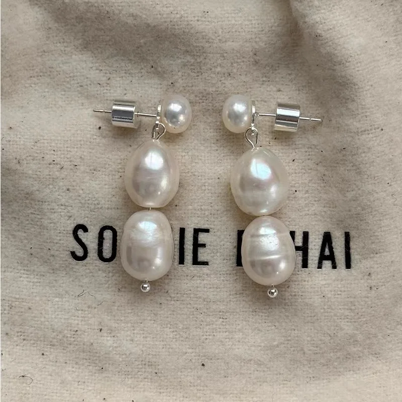 Niche Design Retro Elegant Natural Freshwater Three Pearl Earrings Minimalist Temperament Jewelry