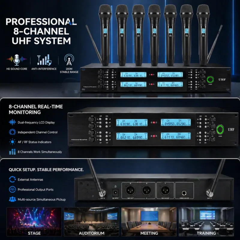 8-Channel Wireless Microphone System, UHF Metal Cordless Microphone, 8 Handheld Microphones, Long-Range 150-200ft, Fixed Frequency, Karaoke Singing for 16 Hours, Church