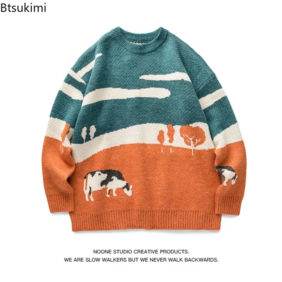 New 2024 Autumn Winter Men Cows Vintage Sweaters Pullover Mens O-Neck Korean Fashions Sweater Casual Harajuku Clothes Knitted