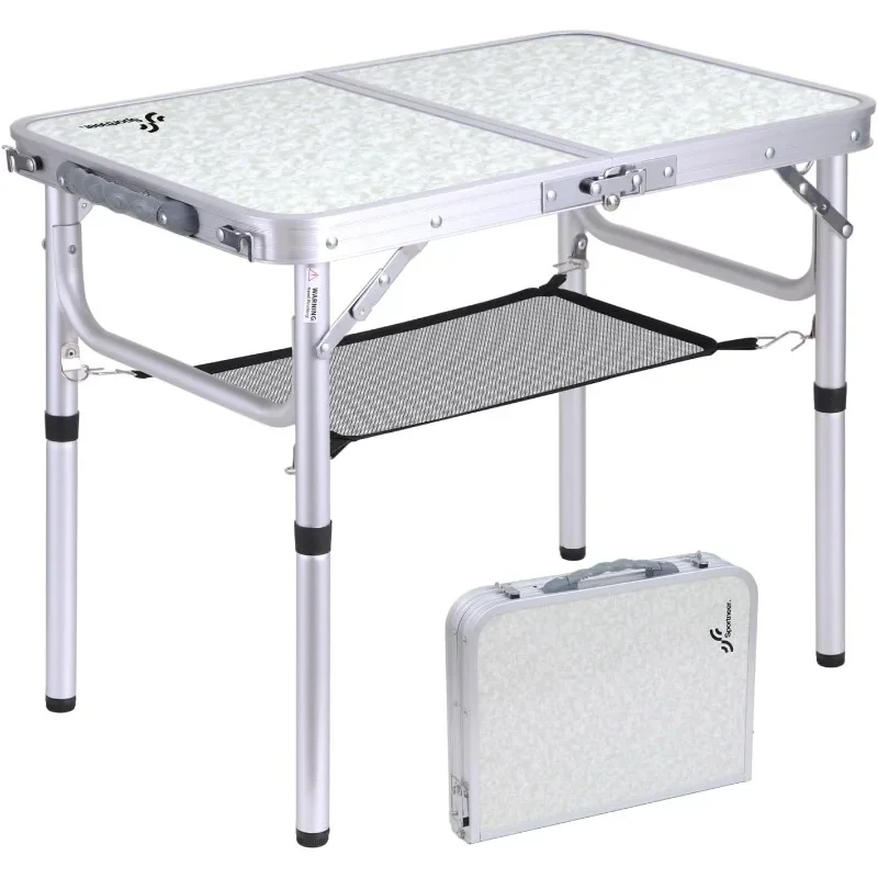 Camping Table, Adjustable Height Foldable Table with Mesh Layer Lightweight Portable Small Folding Camp