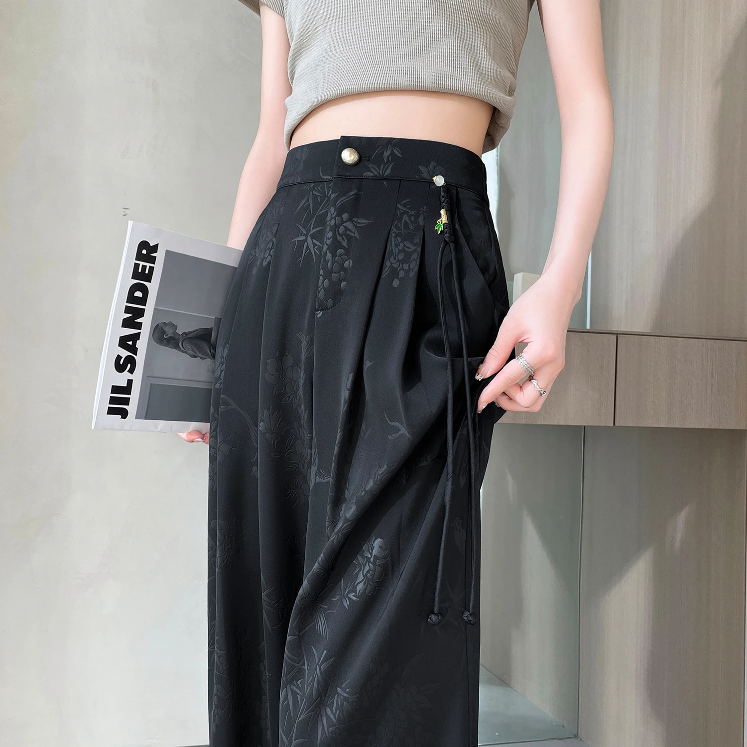 Chinese Pants Women Office Casual Elegant Empire Loose Minimalist Pure Korean Style Trouser Ladies Summer Design Basic Ice Slik
