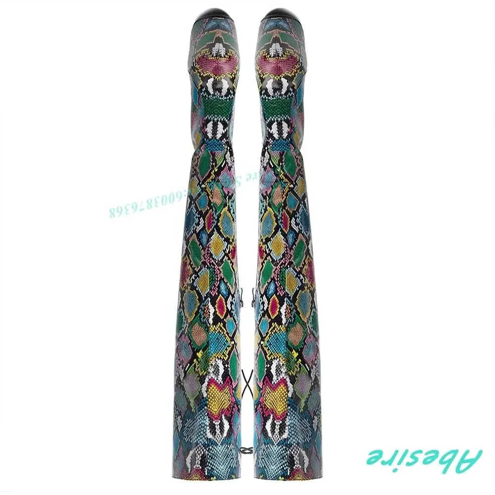 Spicy Girls Animal Print Shoes Colorful Snake Print Platform Over The Knee Boots Round Toe Side-Zipper Lace-Up Women's Boots