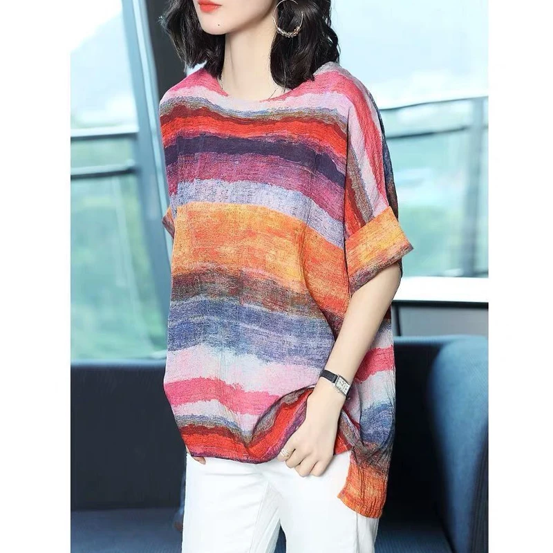 Striped Print Round Neck Short Sleeve Oversized Tee T Shirts Femmes Summer Casual Irregular Tunic Tops for Women Clothing 2023