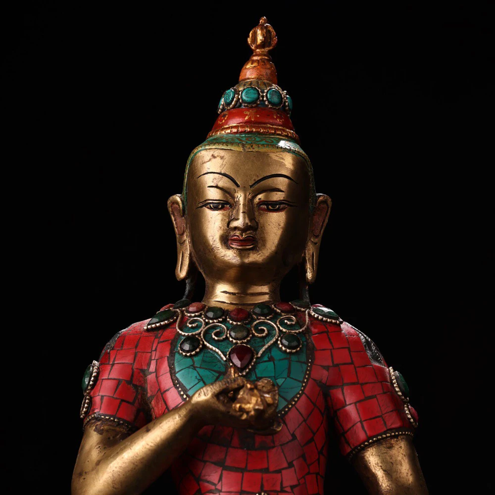 Copper Painted Gold Highlight Gem Inlaid Vajrasattva Buddha Statue Serene Face Fine Craft