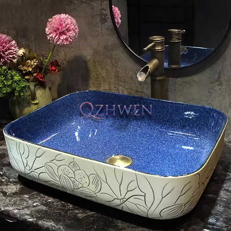 46/38/47cm Chinese Style Ceramic Washbasin Single-hole Bathroom Sink Blue Lotus Large Countertop Art Basin Square Vessel Sink