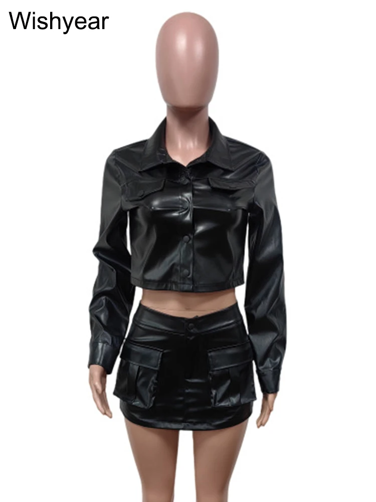 Sexy Club Dance Midnight Bar Outfits Women PU Faux Leather Long Sleeve single-breasted Crop Jacket and Shorts Skirts 2 Piece Set