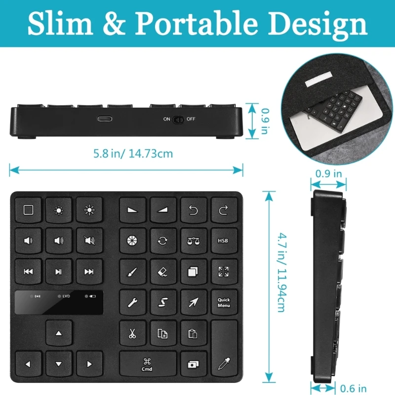 Portable Rechargeable Drawing Keyboard Wireless Keypad for Procreate Slim and Durable Designs, 35Keys, Long Life Drop Shipping